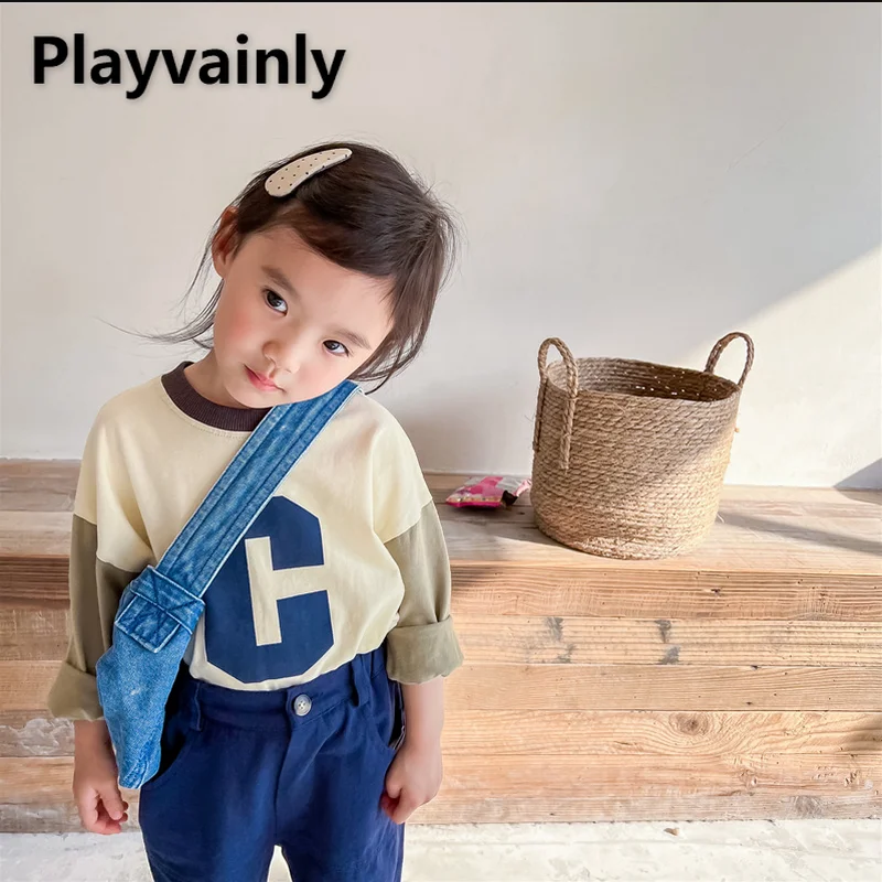 

Новинка 2022, осенние детские футболки для девочек и мальчиков, футболка с длинным рукавом и буквенным принтом, бежевая и абрикосовая хлопков...