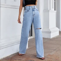 trendy hole wide leg pant 2022 wild women slim burr double button straight jeans casual ripped loose high waisted denim trousers