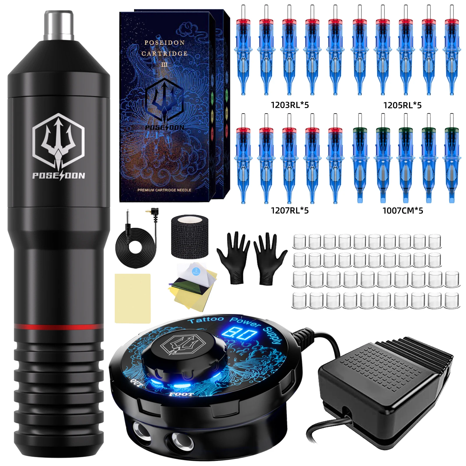 

POSEIDON Tattoo Kit Rotary Tattoo Pen Kit With Cartridges Needles Tattoo Machine Kit With Power Supply RCA Interface