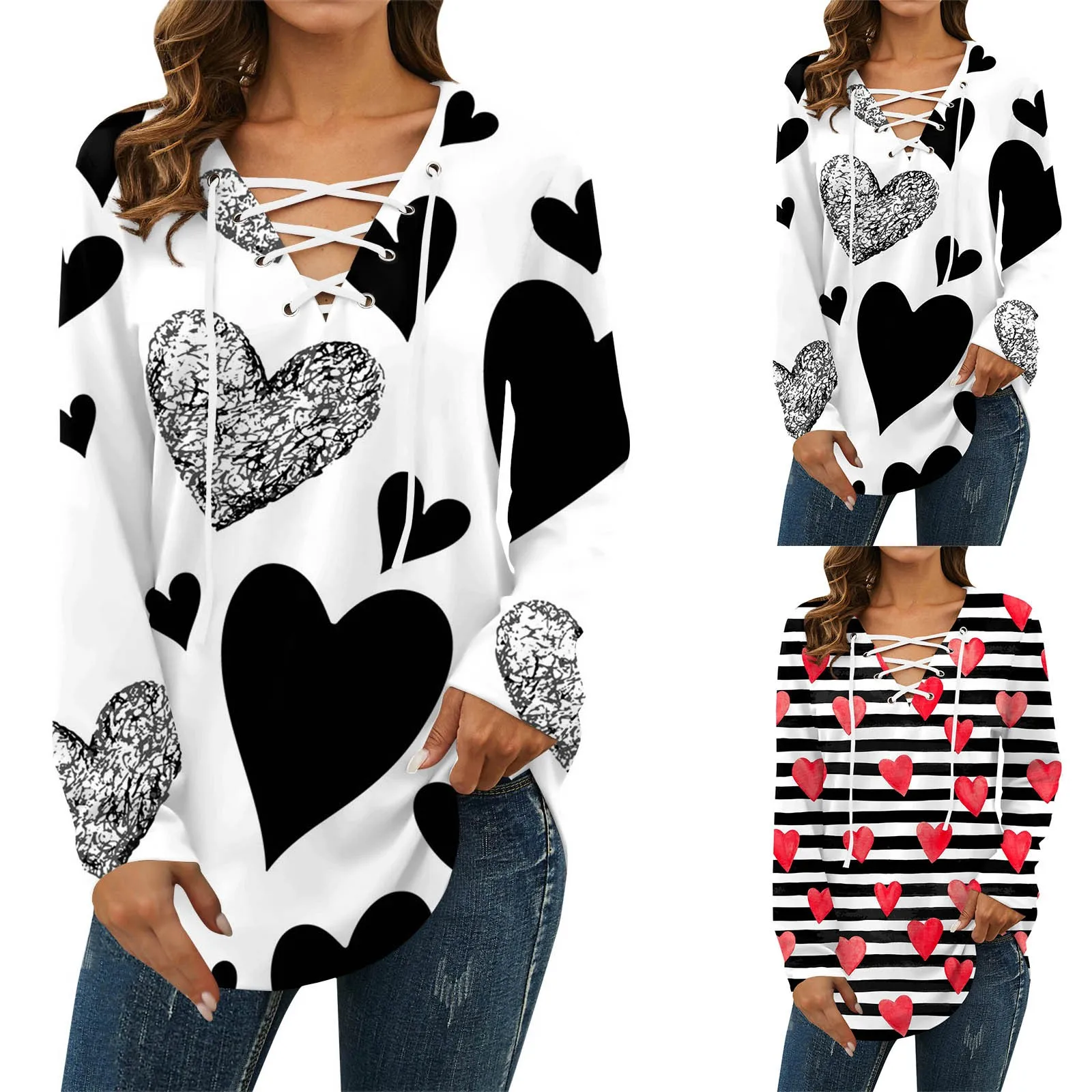 

Женская футболка с v-образным вырезом, на шнуровке, с красочным принтом, с длинным рукавом, спандекс, с длинным рукавом, рубашка, большая женс...