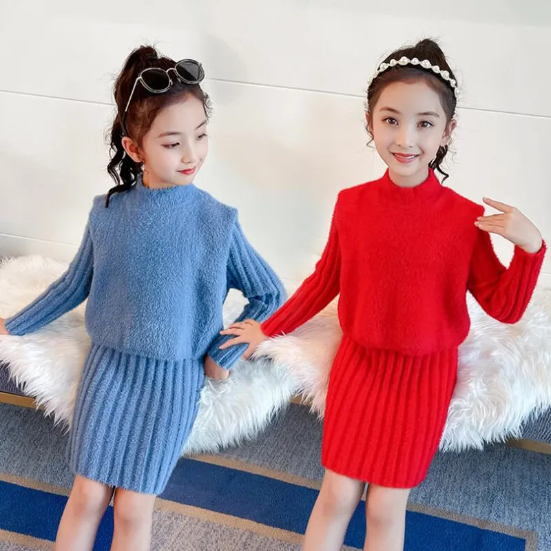 

Autumn Winter Toddler Teen Clothing Children Clothes Girls Clothing Set Knitted Long Sleeve Sweater Dress+Vest 2 Pcs Suit kids