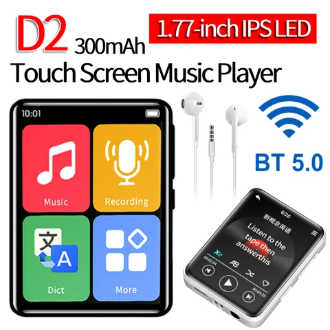 Музыкальный плеер D2 с сенсорным экраном и FM-радио Bluetooth 5.0 Портативный MP3-плеер 1,77-дюймовый IPS со светодиодной подсветкой Широкоэкранный micro USB