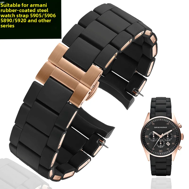 Фото Резиновый стальной ремешок для часов для Armani AR5905 AR5906 AR5919 AR5920 AR5890, мужской ремешок для часов 23 мм, женский браслет 20 мм, браслет №1