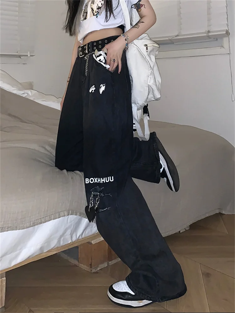 

Summer Women's Black Vintage Wide Leg Jeans Fashion Ripped High Waist Straight Pants High Street Mopping Denim Trouser Ladies