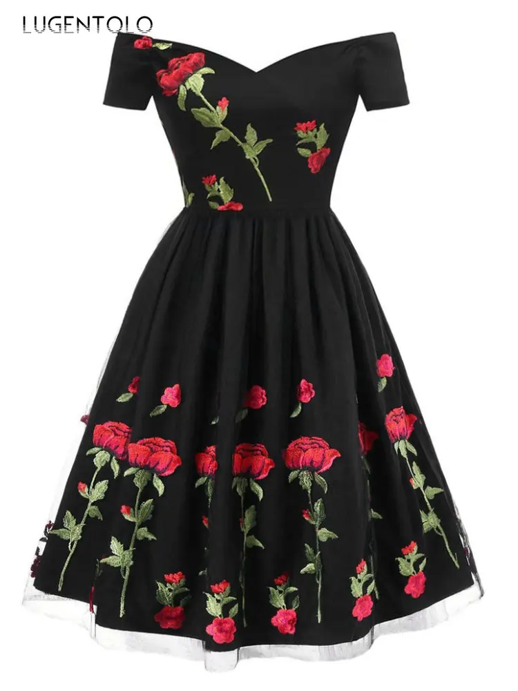 

Lugentolo Party Dress Women Plus Size Rose Embroidery Lace Stitching Summer Fashion Off The Shoulder Empire Elegant Dress