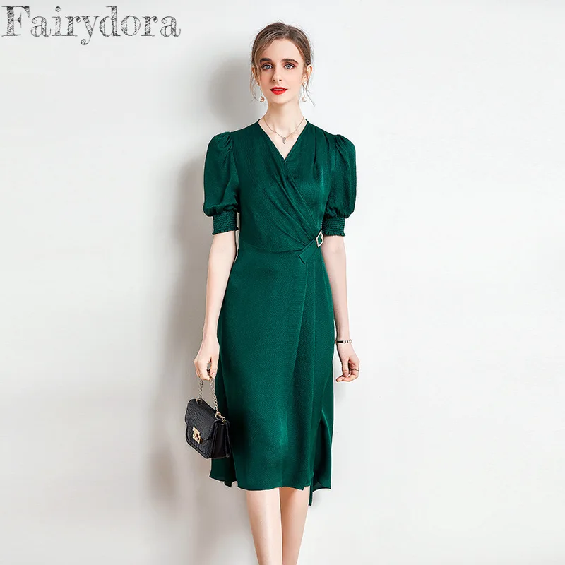 

100% Mulberry Silk Dresses Elegant Pure Silk Dress for Women V-Neck Short Lantern Sleeve Elastic Waist Solid Bodycon Midi Dress