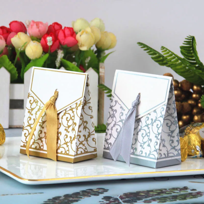 

50 шт. креативные золотые и серебряные бумажные коробки с золотой лентой, свадебные подарки, подарок на день рождения, конфеты, сумки-фантики,...