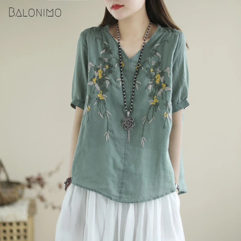 

Women's Embroidery T Shirts 2022 Casual Short Sleeve V Neck Tops Female Chinese Style Cotton Linen Blouse Traditional Zen Suit