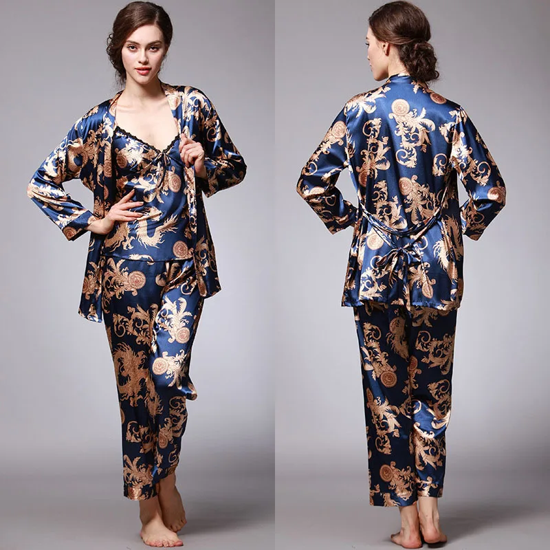 Women 3 Pieces and Men Robe Satin Silk Sleepwear Couple Pajamas Set
