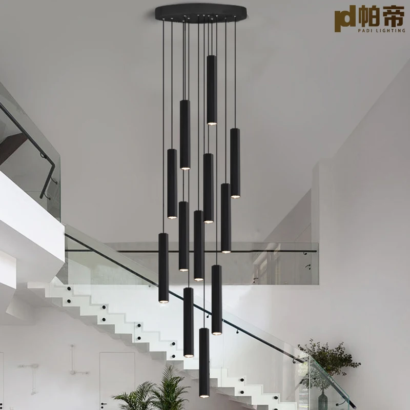 

PD Duplex villa living room staircase chandelier led warm light black long tube chandelier mall hotel lobby Chandelier