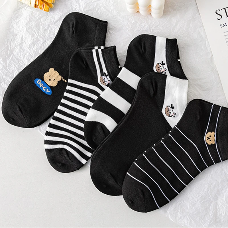 10 Pair Cow Print Low Tube Socks Women Summer Short Cartoon Bear Cotton Ankle Sock Cute Asakuchi Breathable Girl Foot Sokken Set