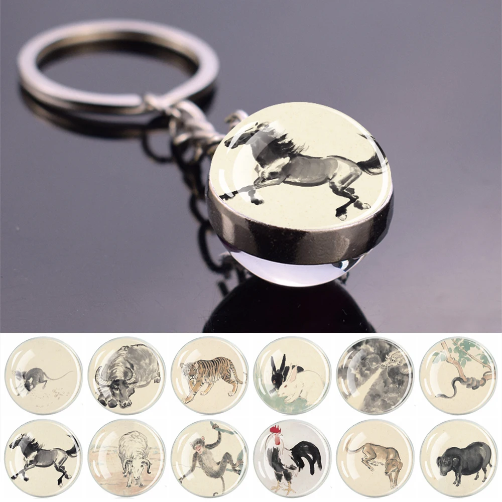 Китайская масляная живопись 12 знаков зодиака, брелоки, двухсторонний стеклянный шар, подвеска, брелок, художественная бижутерия, подарок, брелок с животными, лошадью