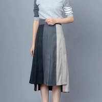 new spring classic tb style women skirt fine imitation wool long pleated jupe femme fashion vintage tricolor faldas largas mujer