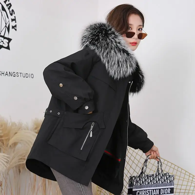 Pai Conquer Women's New Style Fur Raccoon Dog Fur Collar Rex Rabbit Fur Sleeves Full Length Medium Length Fur Coat