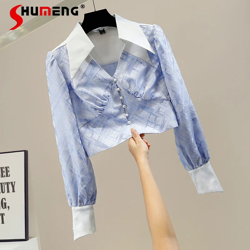 

Color Contrast V-neck Patchwork Pleated Shirt Women 2022 Spring New Pearl Single-Breasted Slim Lantern Sleeve Printed Blouse Top