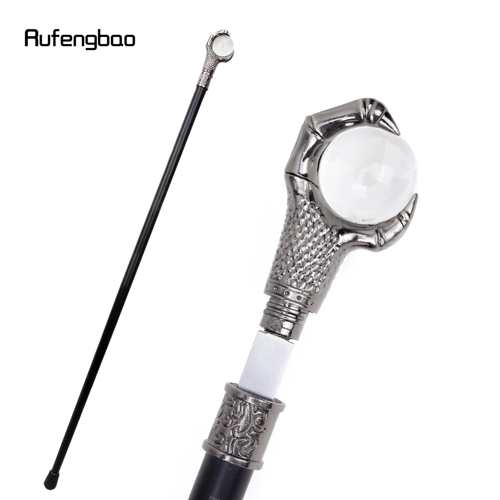 Silver Dragon Claw Grasp Glass Ball Single Joint Walking Stick with Hidden Plate Self Defense Cane Plate Cosplay Crosier 93cm