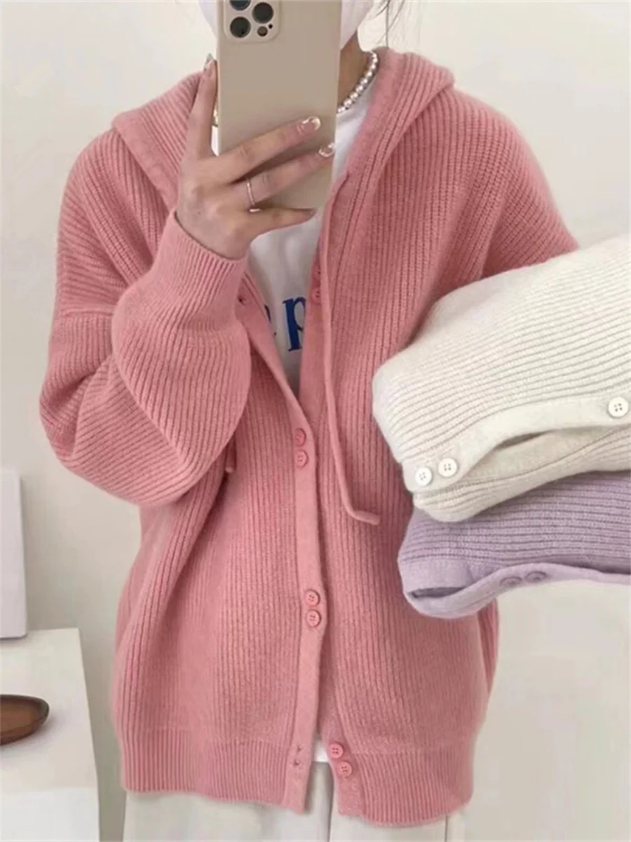 

Tops Women New 2022 Chic Korean Fashion Knitted Clothes Autumn Winter Hooded Oversized Female Cardigans Vintage Elegant Sweaters