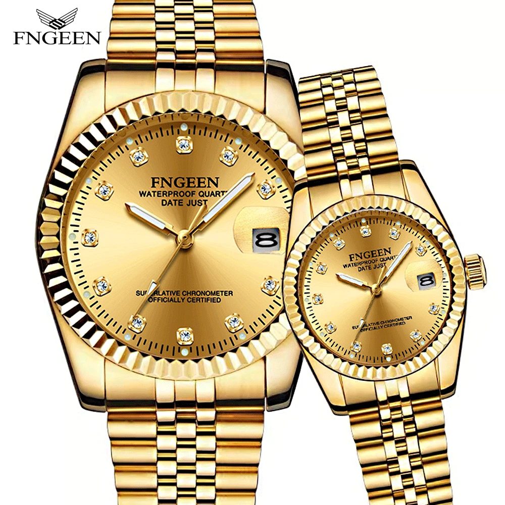 FNGEEN Couple Luxury Gold Clock Diamond-encrusted Men Women Calendar Date Round Quartz Waterproof Watches Relogio Feminino |