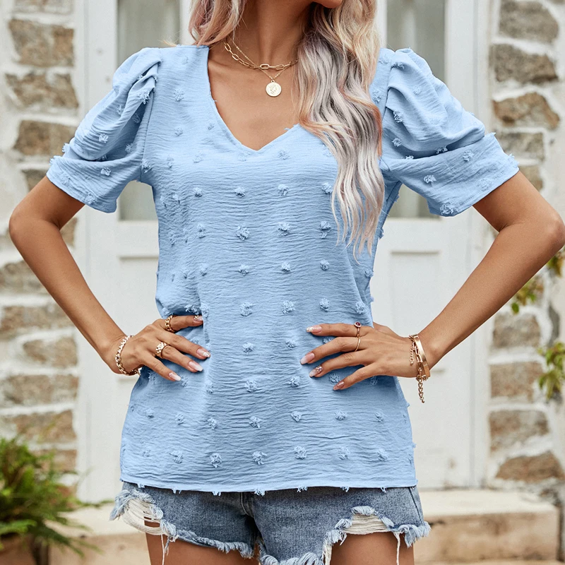 

Модная шифоновая рубашка с V-образным вырезом, однотонная блузка с коротким рукавом-фонариком, Летняя женская одежда в горошек, повседневные свободные синие топы, блузы для женщин 25024