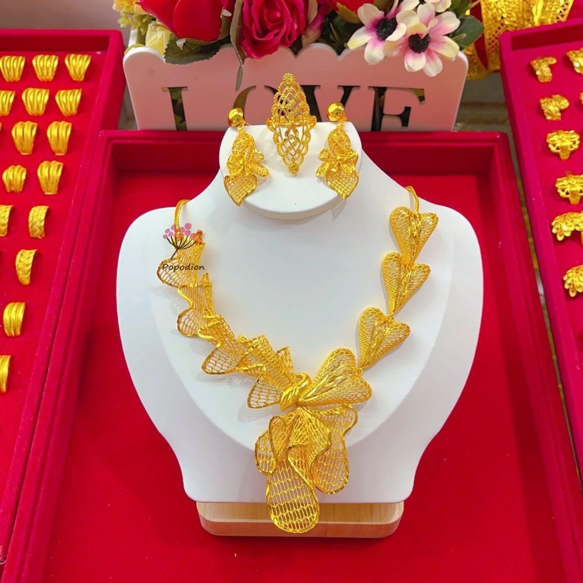 Дубай 24K позолоченные ювелирные изделия свадебное ожерелье кольцо женские