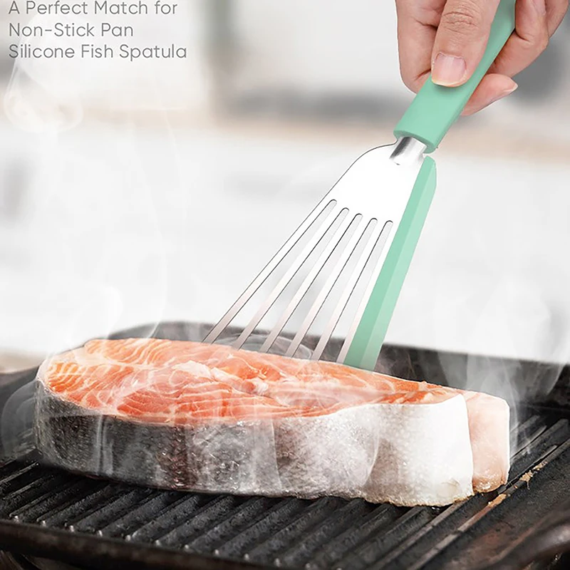 Silicone Fish Spatula Stainless Steel Slotted Turner with Soft Edge Heat Resistant Kitchen Cooking Tools Utensil