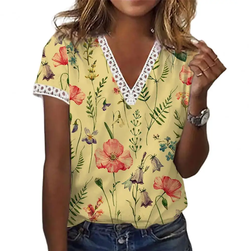 

Summer Short Sleeve Womens Tops And Blouses V Neck Lace Patchwork Flower Print Elegant Casual Chic Shirts Tops for Dating