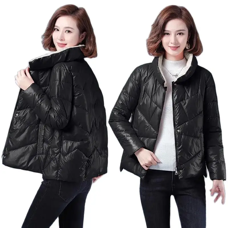 2023 Autumn Winter Bright Face Padded Jackets Women Short Coat Loose Stand-Up Collar Fashion New Black Down Cotton Jacket Female