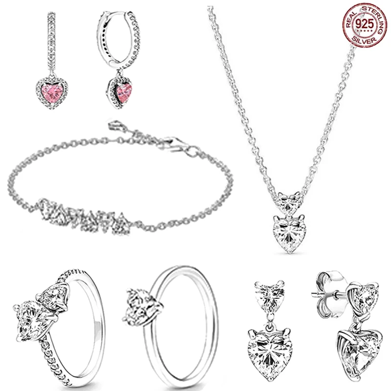 

Fashionable Charm 925 Sterling Silver Pink Heart shaped Gift Box Set Earrings Necklace Women's Valentine's Day Anniversary Gift