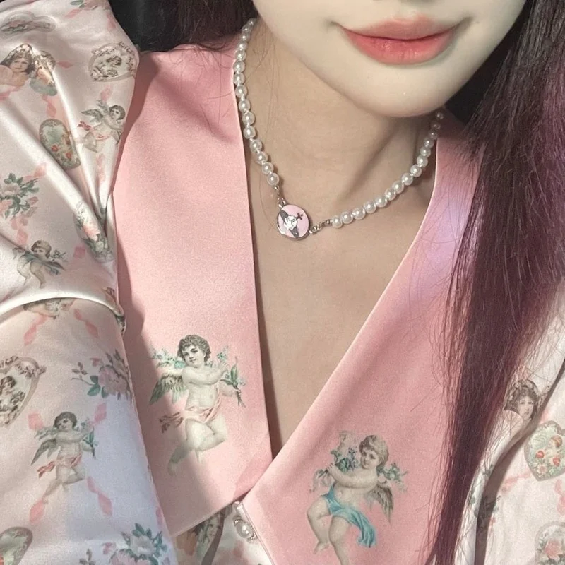 QWEEK Sweet Heart Trouser Suits Angel Print Women's Pajamas Satin Cardigan Designer Clothes Luxury Sleepwear Summer Loungewear