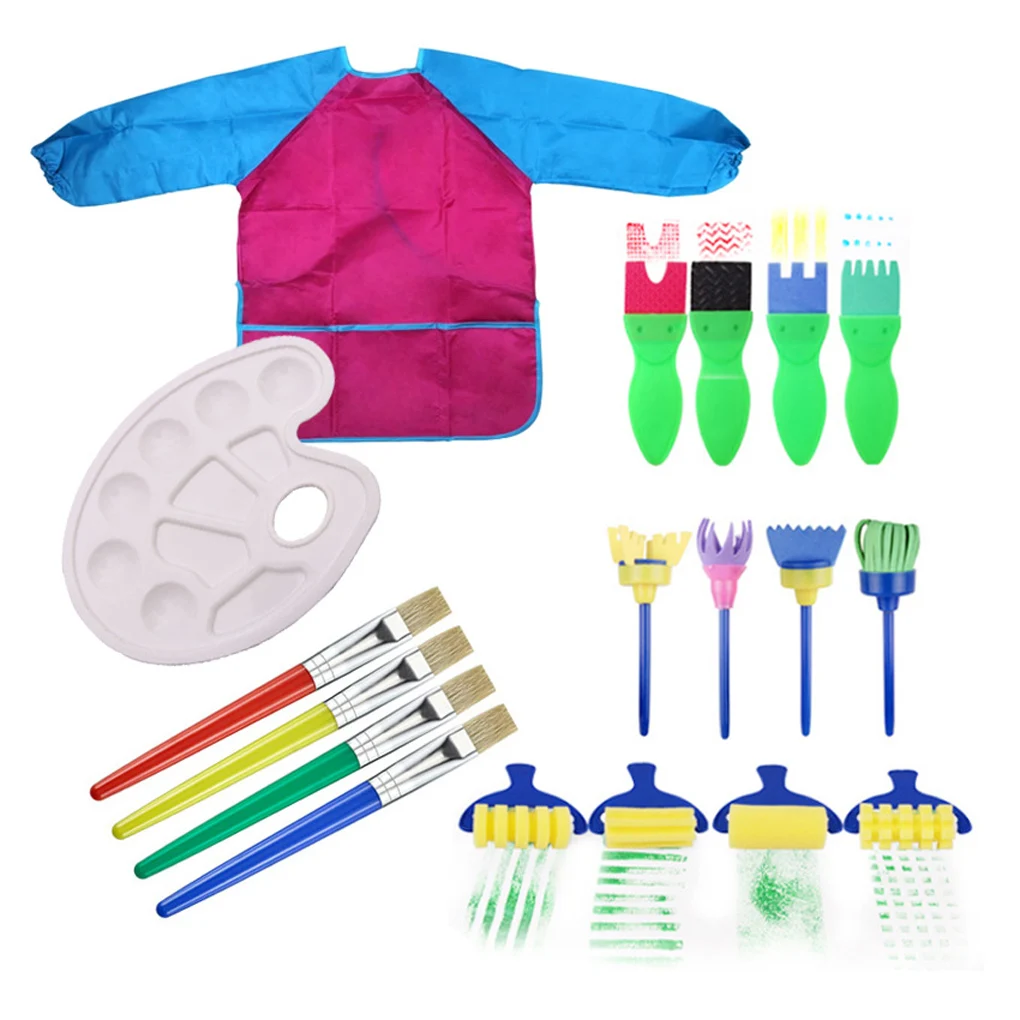 

18 Pcs/set Kids Sponge Painting Brushes Roller Apron Palette DIY Kit Portable Home Educational Preschool Early Learning Toys