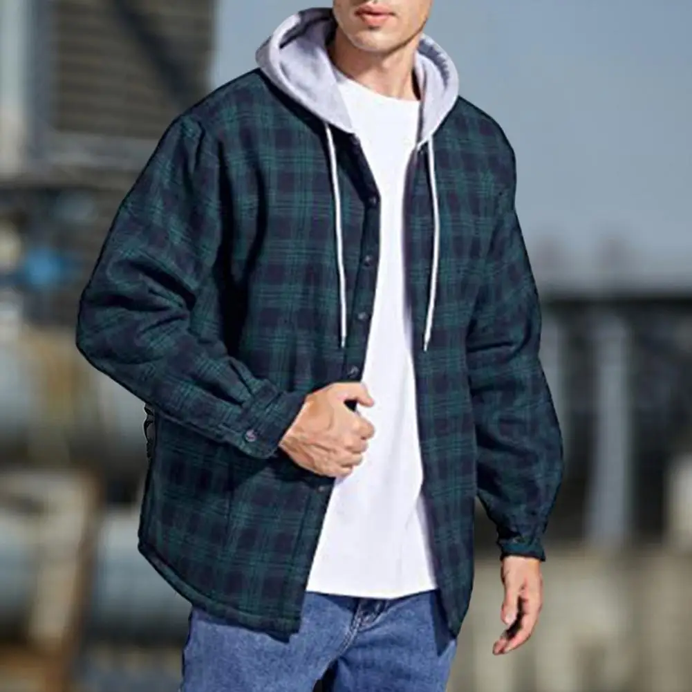 

Men Jacket Plaid Buttoned Men Coat Coldproof Winter Jacket Loose Jacket Coat Plush Lining Hooded Jacket chaquetas hombre