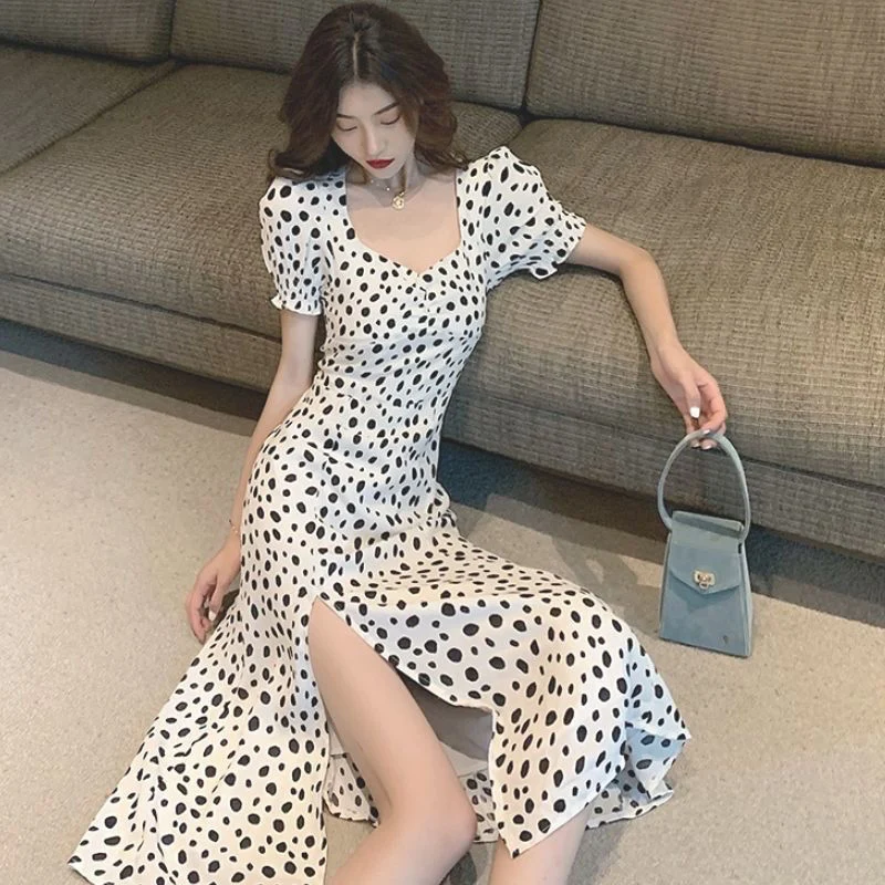 

Summer Polka Dots Square Neck Women Mid Calf Dress French Fashion Split Fork Harajuku Elegant Sexy Evening Party Clothing White