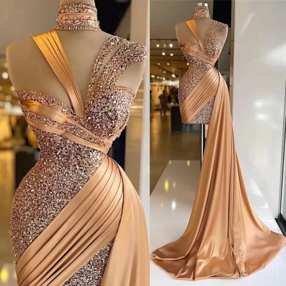 

Satin Short Prom Dresses Sleeveless V Neck Halter Sequins Shiny Beaded Hollow Thigh Length Mermaid Evening Dresses Custom Made