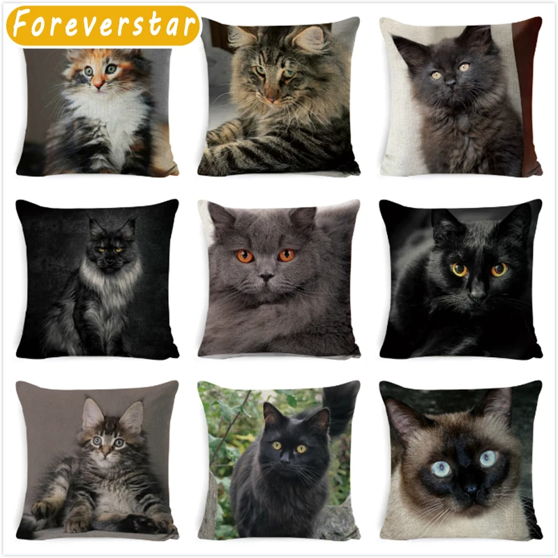 

Black Cat Cushion Cover Cotton Linen Square Cat Pillow Case Decorative Pillow Cover for Home Car Sofa Decora Pillowcase cojines