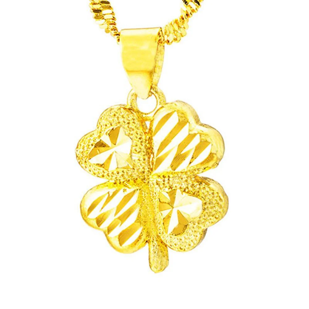 18K Gold Necklace Lucky Clover Pendant 24K Gold For Woman Charm Jewelry Wedding Party Gift images - 6