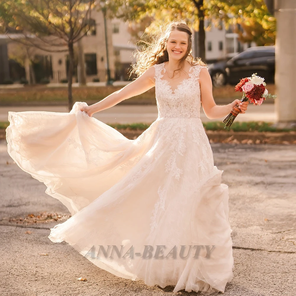 

Anna Scoop A Line Wedding Dresses For Mariages Vintage Appliques Tulle Court Train Illusion Robe De Soirée De Mariage Customised