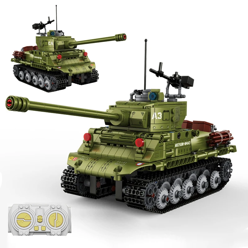 World War II Programming Remote Control Military Tank US Sherman M4A3 Children's Building Block Assembly Brick Toy Birthday Gift