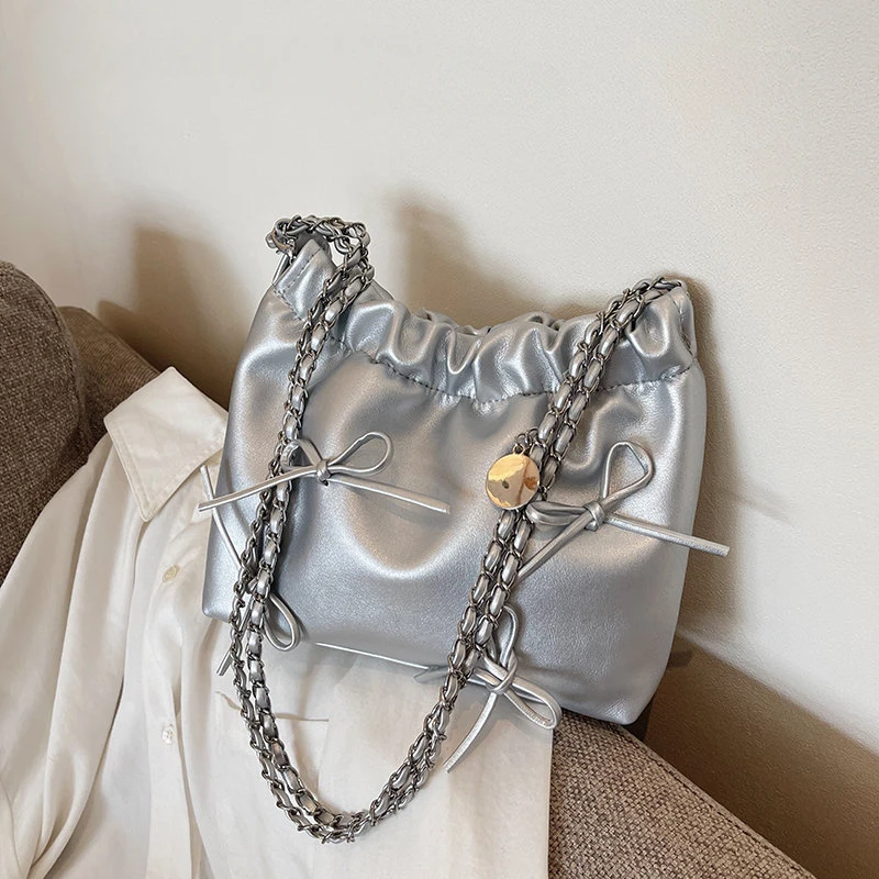 

Y2K Women Korean Fashion Elegant Silver Chain Hand Bag Aesthetic Casual Mini Bow Tie Purses Shoulder Handbags Underarm Tote Bags