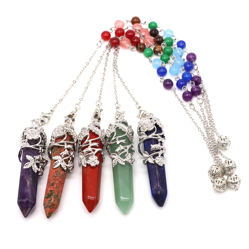 

Natural Stone Flower Wrapped Hexagonal Point Pendant Amethysts Reiki Healing Crystal Suspension Pendulum Necklaces Jewelry Gifts