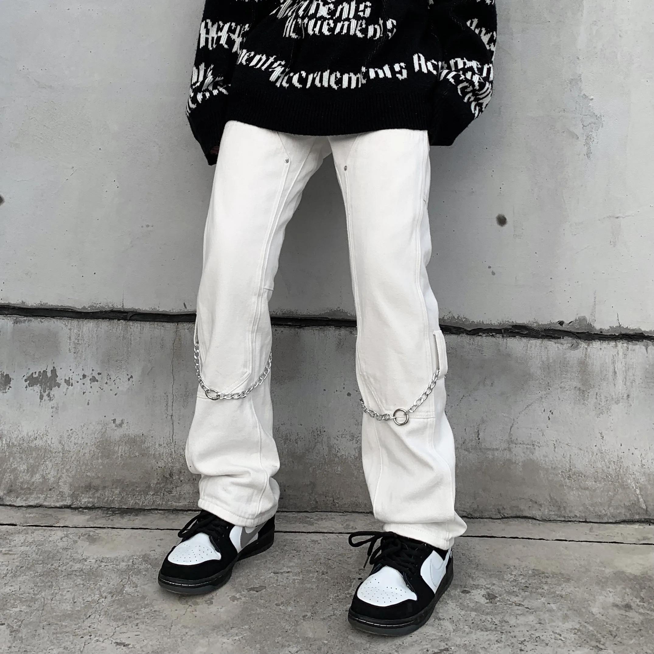 Men's Korean Casual Streetwear White Harajuku Vintage Jeans Graffiti Wide Leg Baggy Straight Denim Pants Trousers