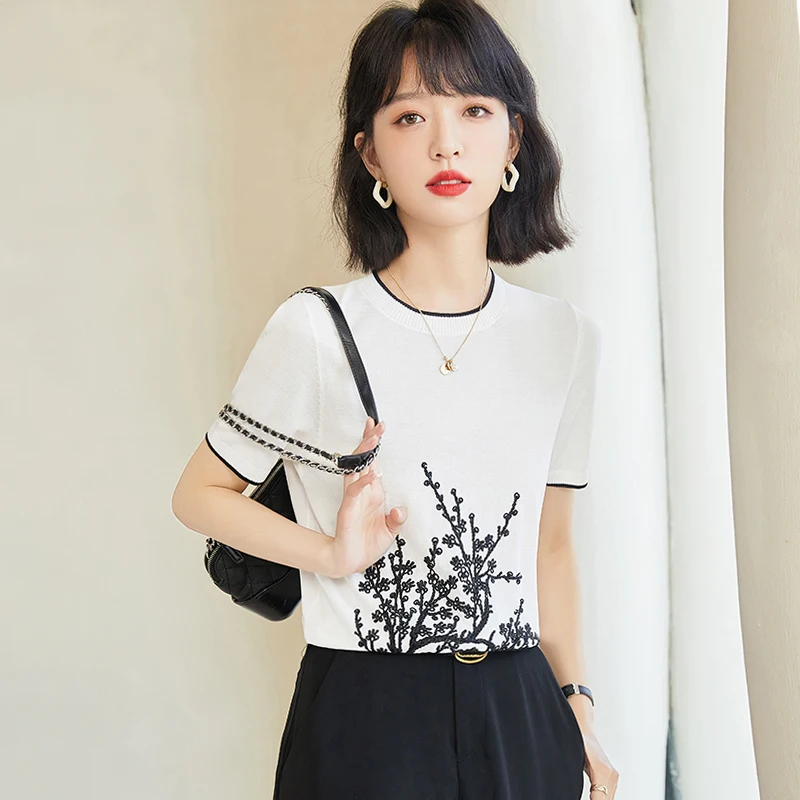 

Cotton Women's T-shirt Summer Slim Fit Floral Printing Top Short Sleeve New 2022 Tees Fashion Korean Style Female Clothes