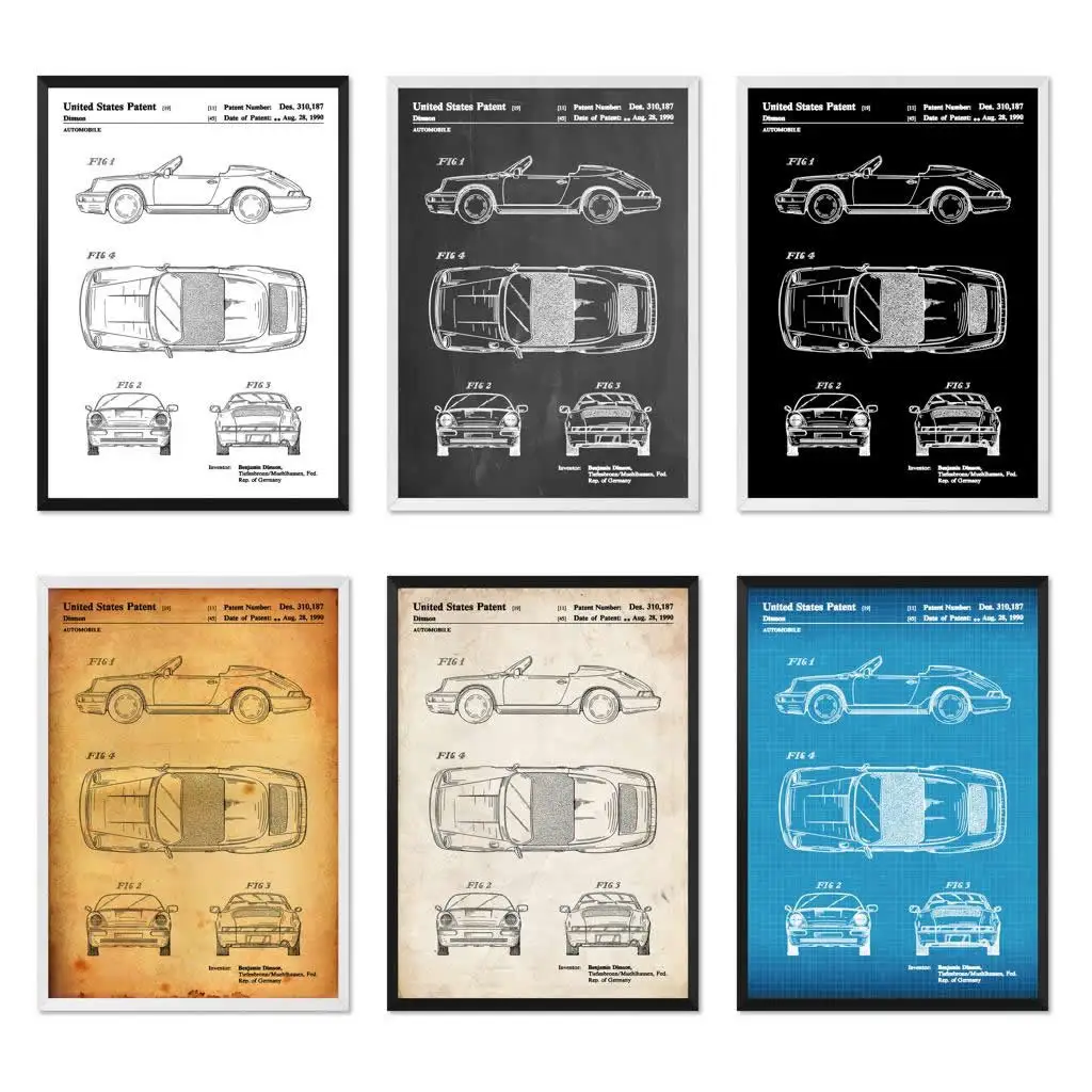 

Vintage Porsche 911 Convertible 1990 Patent Sports Car Wall Blueprint Poster Canvas Painting Print Living Home Decor