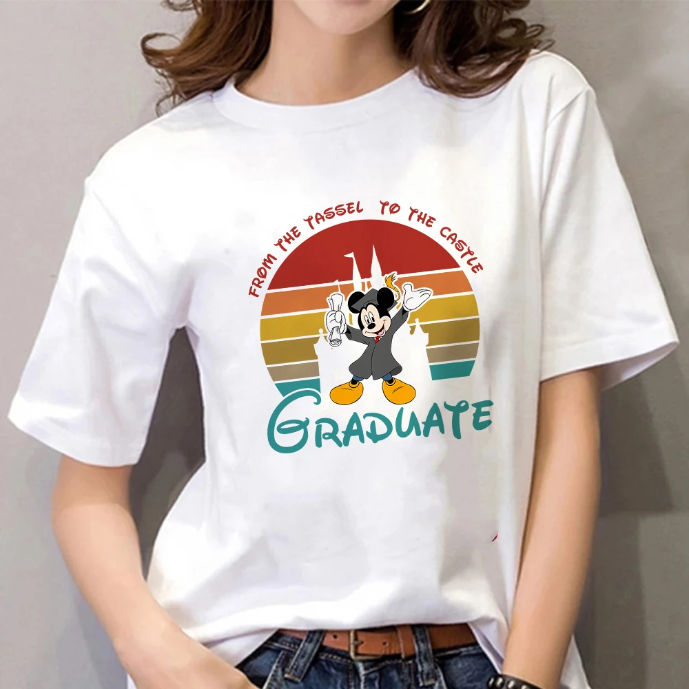 

2023 University Graduate Women's T-shirt Disney Mickey Mouse Fashion Streetwear Summer Casual Clothes Vacation Tops Female Shirt