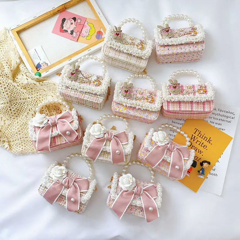 Girl's Crossbody Bag Flower Pearl Handbag Bow-knot Rabbit Shoulder Pocket Coin Purse Kids Princess Messenger Bag Birthday Gifts