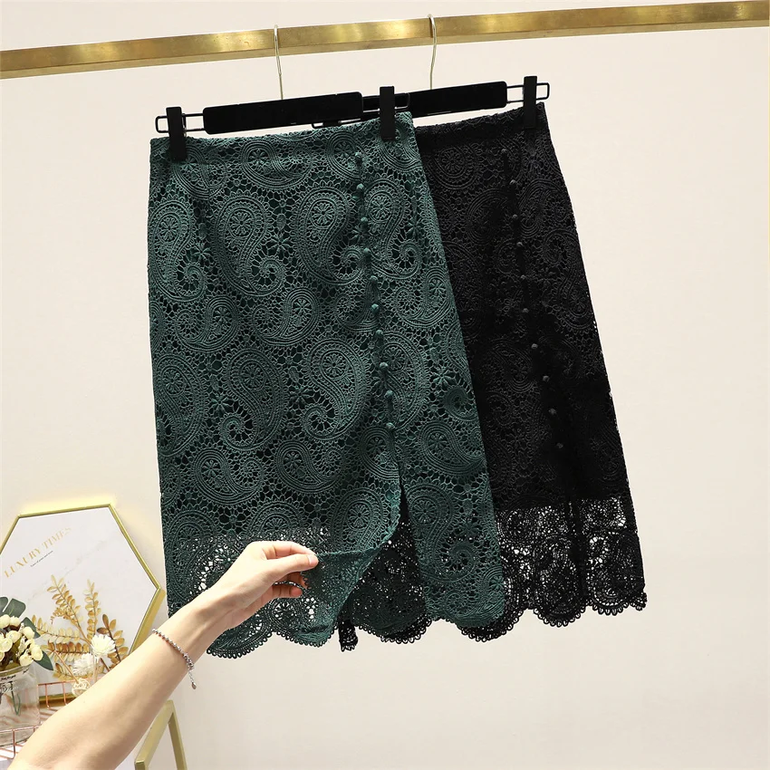 

Gowyimmes New Women Hollow Out Lace Skirt Elegant Lady High Waist Skirts Slim Female Hip Pakadge Skirt Bottomings Midi PD1564