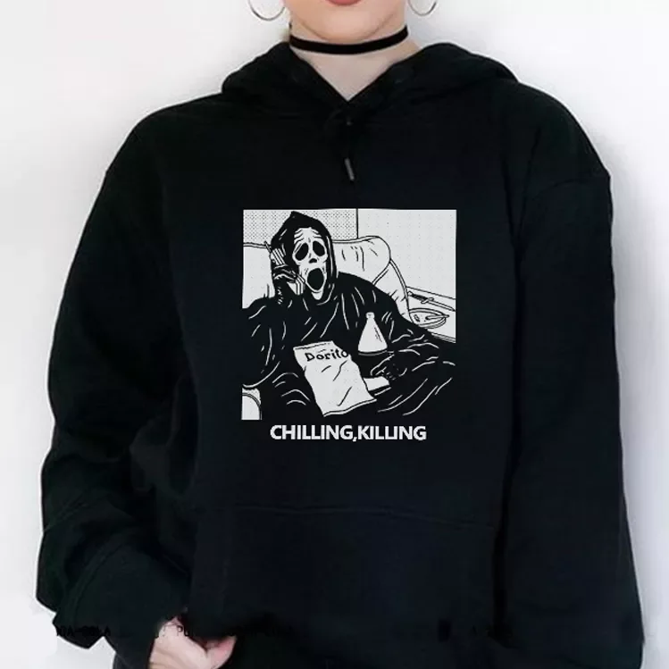 

tops traf roupas femininasHorror Skull Hoodie Fun Ghost Chilling Killing Letter Print Top Gothic Women's Sweatshirt Fashion Lo