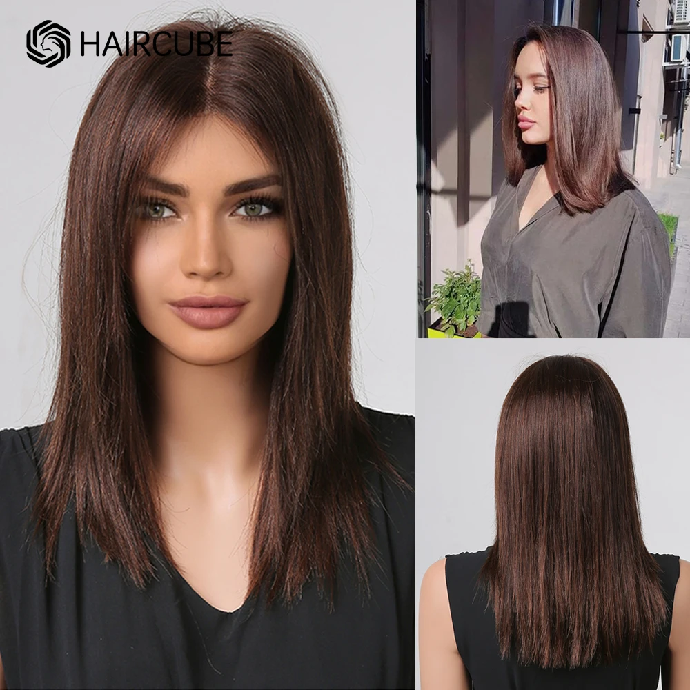 HAIRCUBE Lace Front Human Hair Wig 14 inch Straight Bob Wigs 2*4 Lace Frontal Wig for Women Human Hair Brown Short Wig Remy Hair