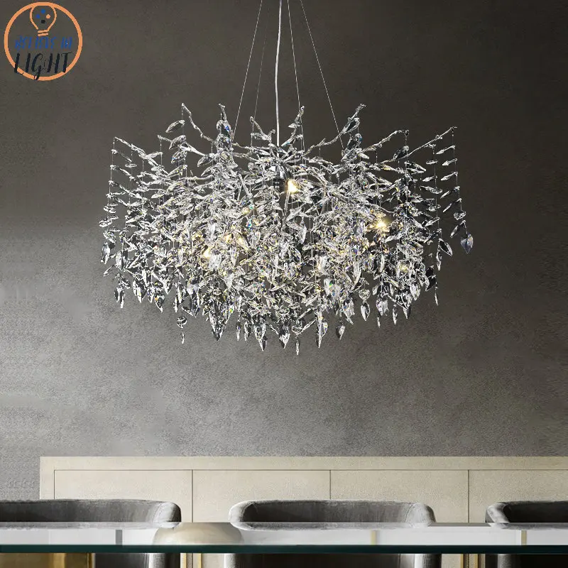 

Designer Crystal Chrome Chandelier Silver Gold Hanging Light Luxury Villa Living Dining Room Lamp Tree Branch Chandeliers LED