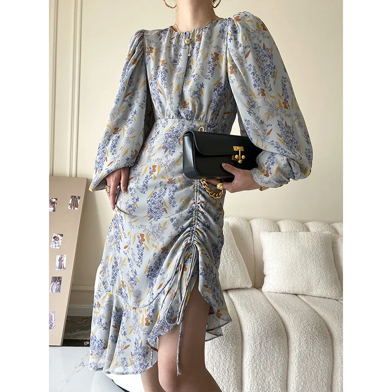 

Summer Pleated Women Floral Dress 2022 Spring Elegant O-neck Puff Sleeve High Waist Irregular Chiffon Midi Dresses For Woman