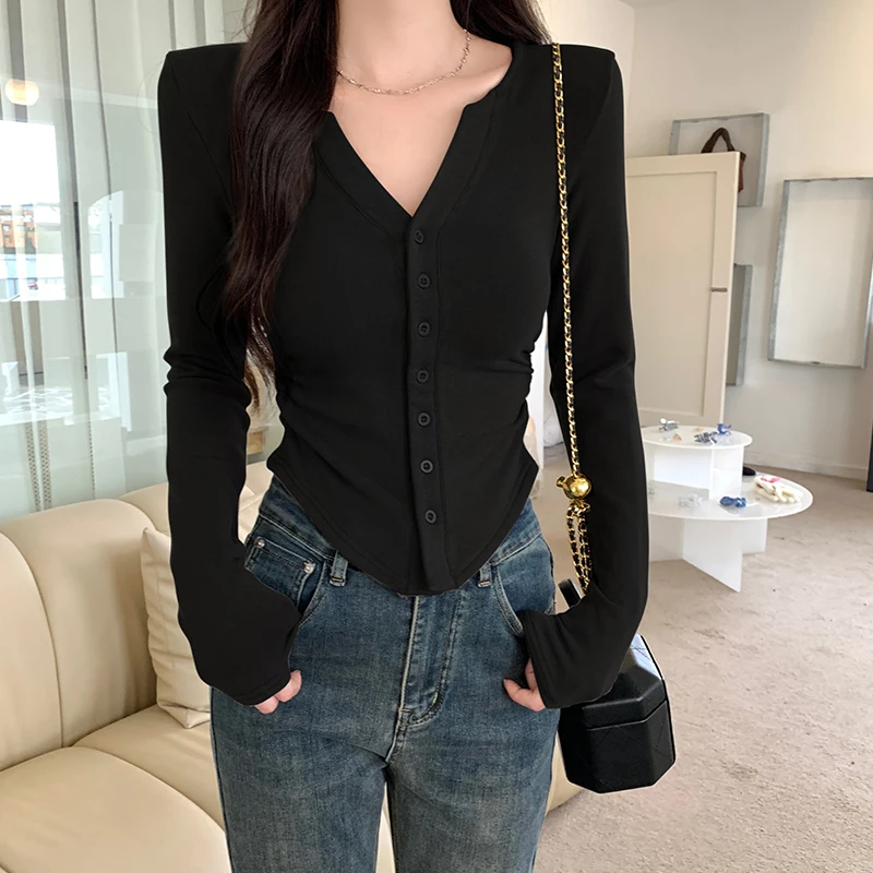 Новые сексуальные футболки с v-образным вырезом и длинными рукавами женская